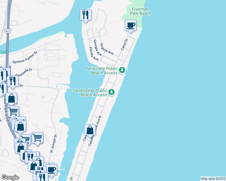 map of restaurants, bars, coffee shops, grocery stores, and more near 1308 Carolina Beach Avenue North in Carolina Beach