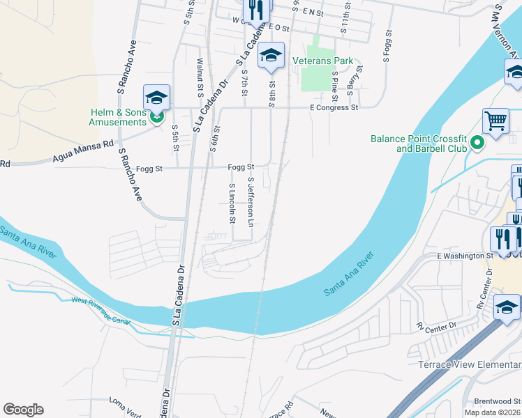 map of restaurants, bars, coffee shops, grocery stores, and more near 1200 South Jefferson Lane in Colton