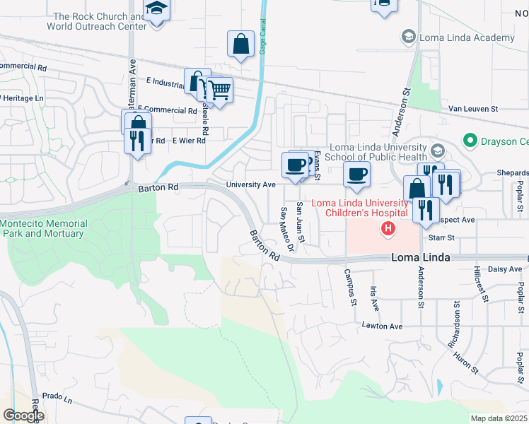 map of restaurants, bars, coffee shops, grocery stores, and more near 11178 Yardley Place in Loma Linda