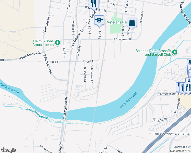 map of restaurants, bars, coffee shops, grocery stores, and more near 1200 South Jefferson Lane in Colton