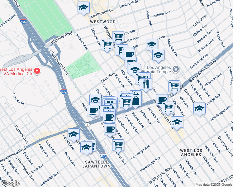 map of restaurants, bars, coffee shops, grocery stores, and more near 1615 Veteran Avenue in Los Angeles