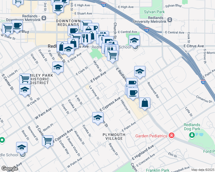 map of restaurants, bars, coffee shops, grocery stores, and more near 242 East Fern Avenue in Redlands