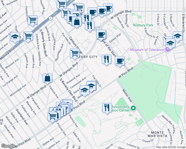 map of restaurants, bars, coffee shops, grocery stores, and more near 2325 Fox Hills Drive in Los Angeles