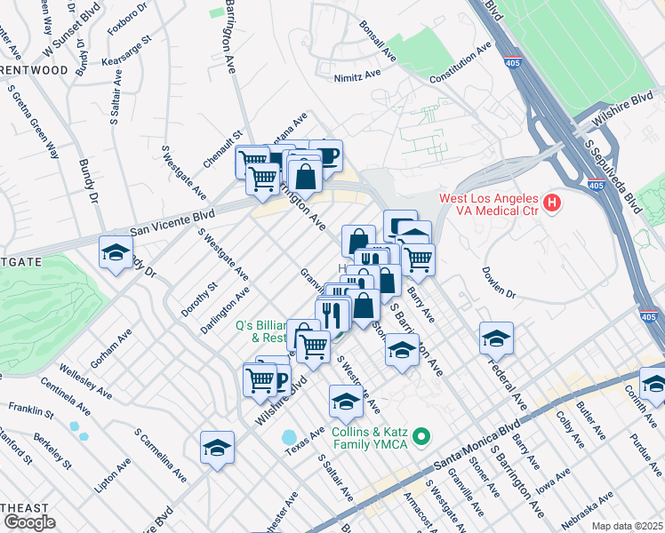 map of restaurants, bars, coffee shops, grocery stores, and more near 11727 Kiowa Avenue in Los Angeles