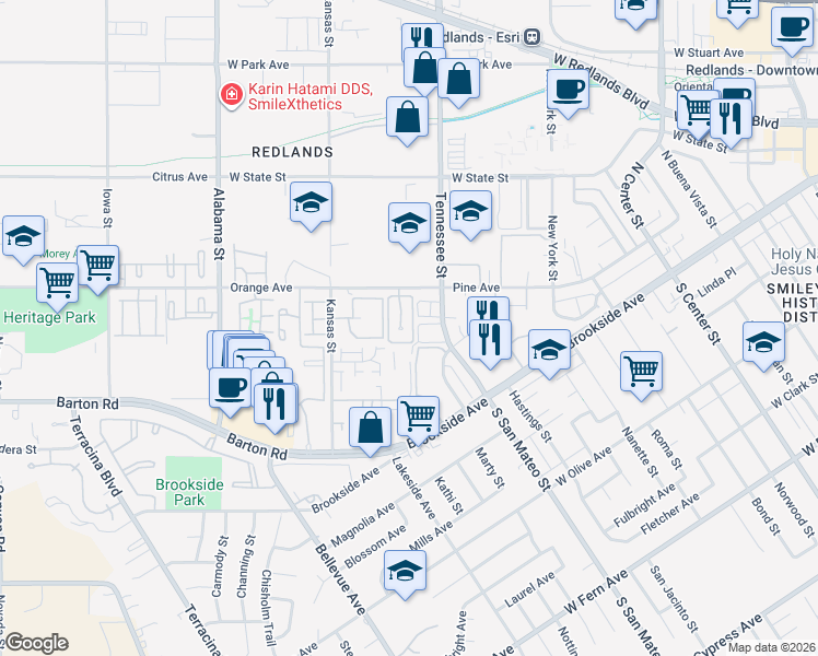 map of restaurants, bars, coffee shops, grocery stores, and more near 63 Tennessee Street in Redlands
