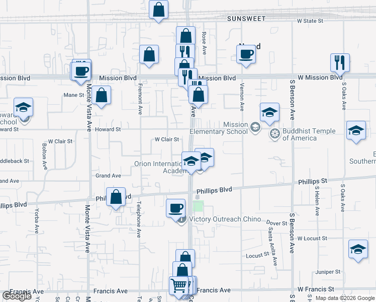 map of restaurants, bars, coffee shops, grocery stores, and more near 11155 Central Avenue in Ontario