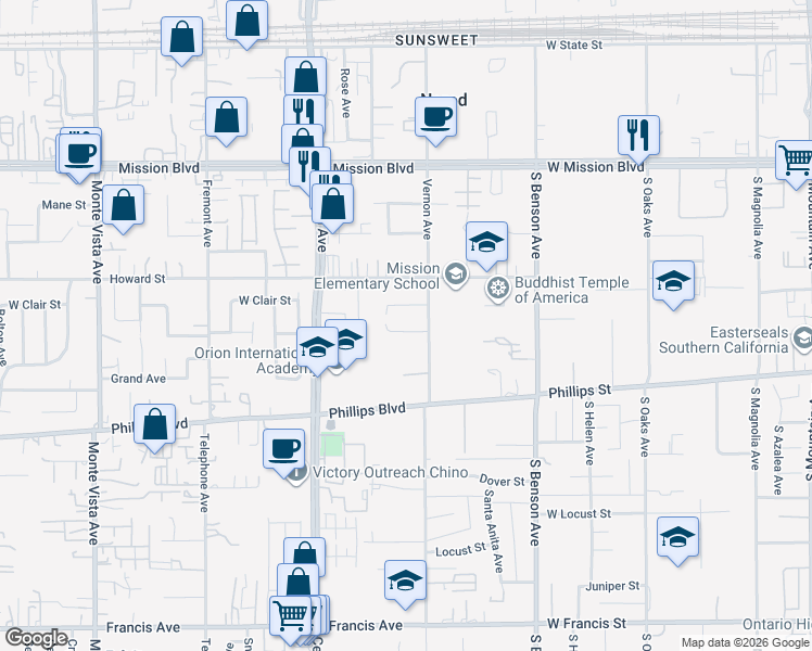 map of restaurants, bars, coffee shops, grocery stores, and more near 11186 Vernon Avenue in Chino