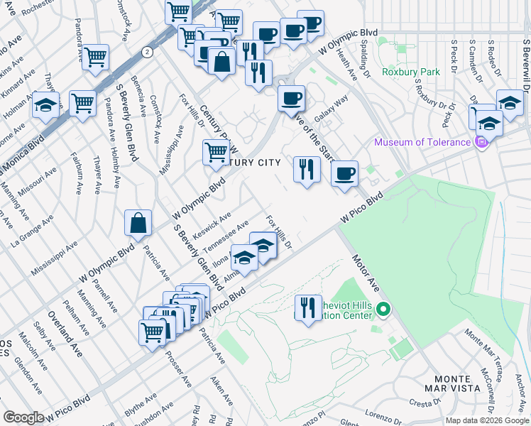 map of restaurants, bars, coffee shops, grocery stores, and more near Fox Hills Drive in Los Angeles