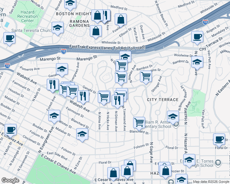 map of restaurants, bars, coffee shops, grocery stores, and more near 1140 North Ditman Avenue in Los Angeles