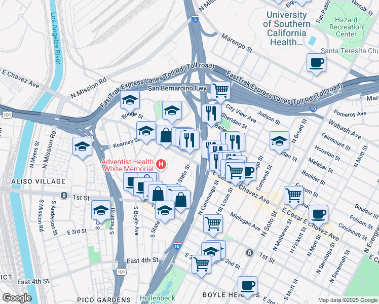 map of restaurants, bars, coffee shops, grocery stores, and more near 1890 East Cesar E Chavez Avenue in Los Angeles