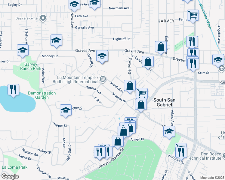 map of restaurants, bars, coffee shops, grocery stores, and more near 7562 Mooney Drive in Rosemead