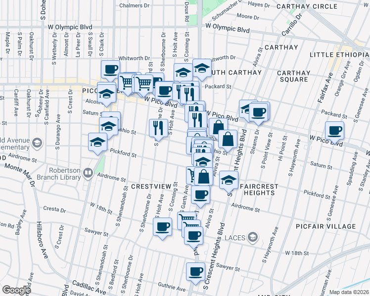 map of restaurants, bars, coffee shops, grocery stores, and more near 8532 Cashio Street in Los Angeles