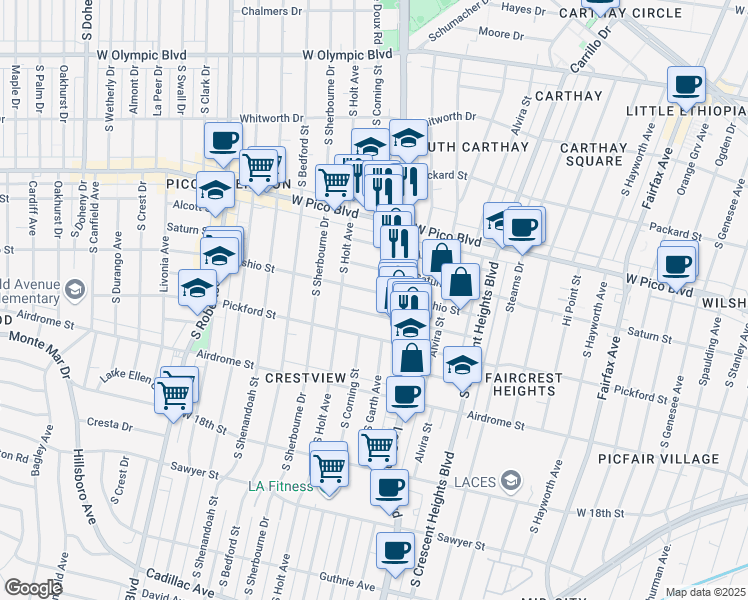map of restaurants, bars, coffee shops, grocery stores, and more near 8532 Cashio Street in Los Angeles