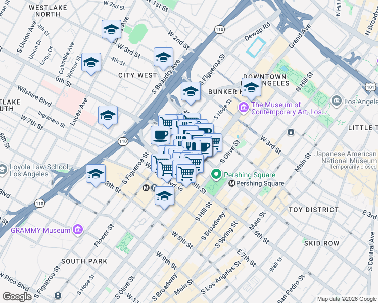 map of restaurants, bars, coffee shops, grocery stores, and more near 630 West 5th Street in Los Angeles