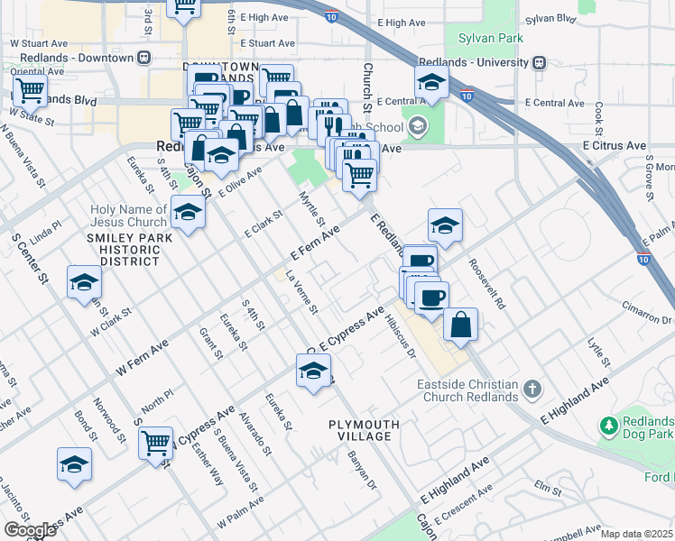 map of restaurants, bars, coffee shops, grocery stores, and more near 452 Sonora Circle in Redlands