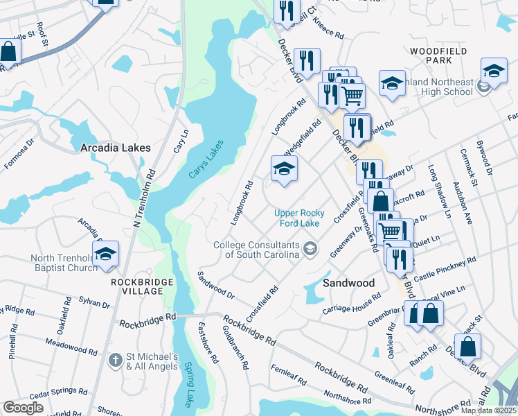 map of restaurants, bars, coffee shops, grocery stores, and more near 6715 Westbrook Road in Columbia