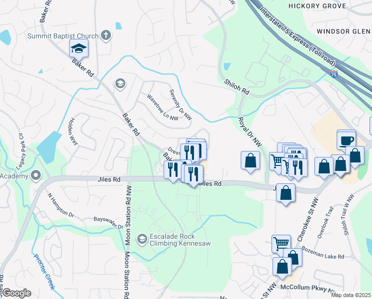 map of restaurants, bars, coffee shops, grocery stores, and more near 2173 Dresden Green in Kennesaw