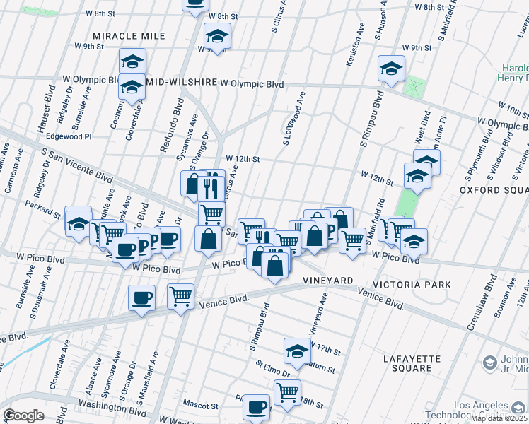 map of restaurants, bars, coffee shops, grocery stores, and more near 1318 South Longwood Avenue in Los Angeles