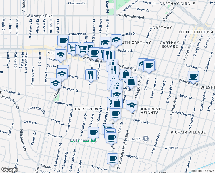 map of restaurants, bars, coffee shops, grocery stores, and more near 8526 Horner Street in Los Angeles