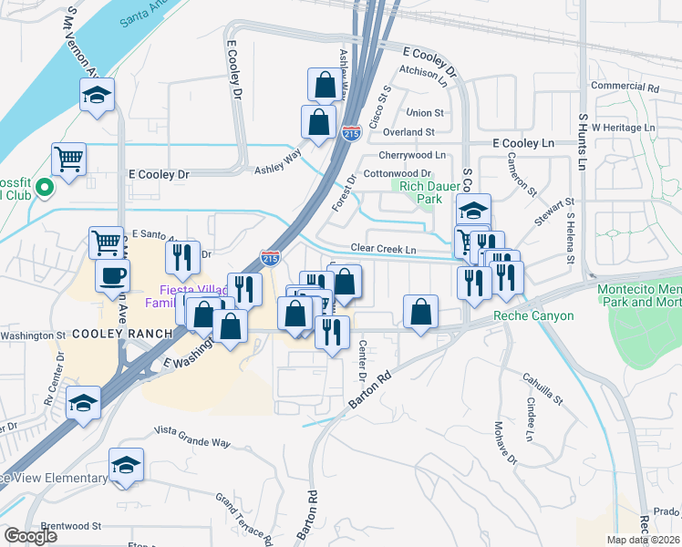 map of restaurants, bars, coffee shops, grocery stores, and more near 1150 South Meadow Lane in Colton