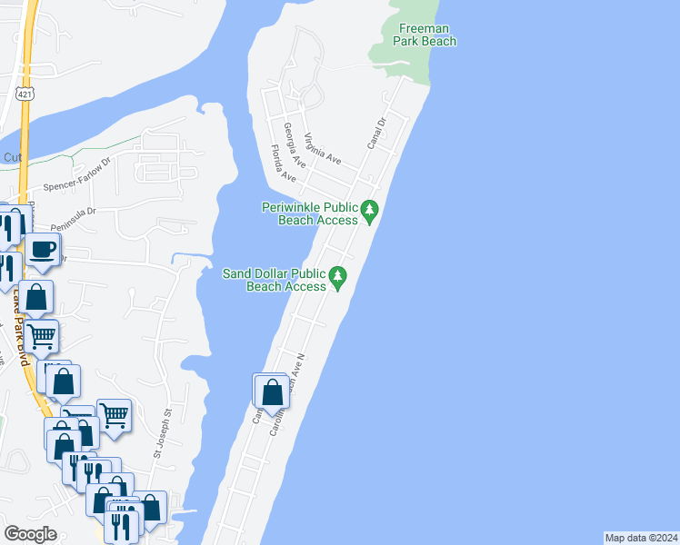 map of restaurants, bars, coffee shops, grocery stores, and more near 1300 Carolina Beach Avenue North in Carolina Beach