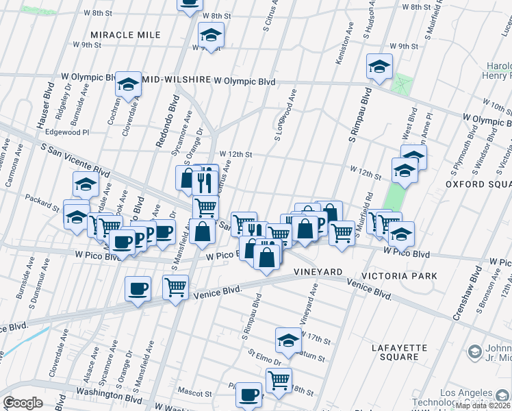 map of restaurants, bars, coffee shops, grocery stores, and more near 1318 South Longwood Avenue in Los Angeles