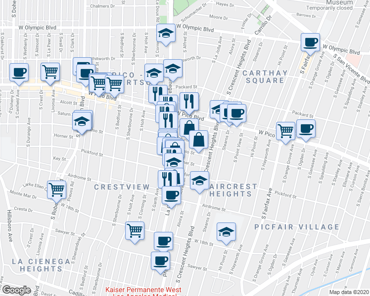 map of restaurants, bars, coffee shops, grocery stores, and more near 6111 Cashio Street in Los Angeles
