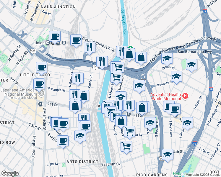 map of restaurants, bars, coffee shops, grocery stores, and more near 319 North Myers Street in Los Angeles