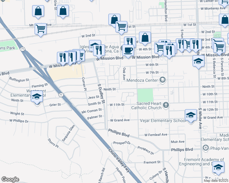 map of restaurants, bars, coffee shops, grocery stores, and more near 1450 West 9th Street in Pomona