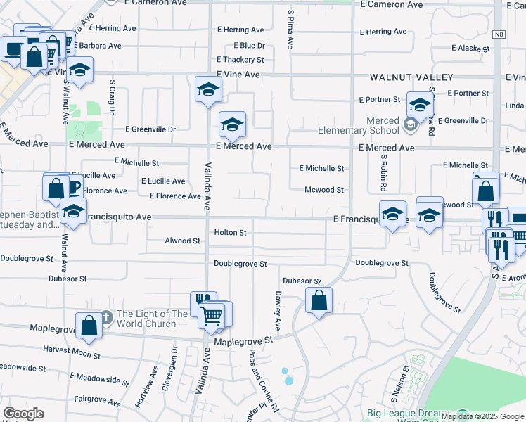 map of restaurants, bars, coffee shops, grocery stores, and more near 16610 Francisquito Avenue in La Puente