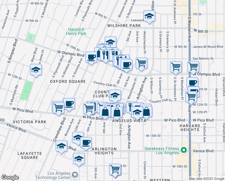map of restaurants, bars, coffee shops, grocery stores, and more near 1123 4th Avenue in Los Angeles