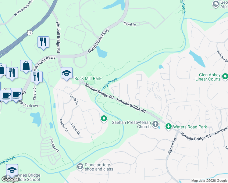 map of restaurants, bars, coffee shops, grocery stores, and more near 1125 Sterling Brooke Drive in Alpharetta