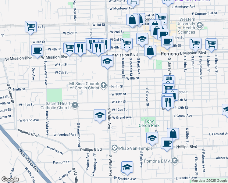 map of restaurants, bars, coffee shops, grocery stores, and more near 839 West 10th Street in Pomona