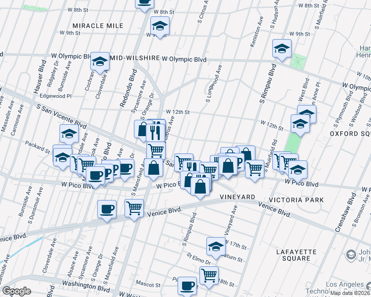 map of restaurants, bars, coffee shops, grocery stores, and more near 1327 South Longwood Avenue in Los Angeles