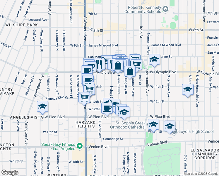 map of restaurants, bars, coffee shops, grocery stores, and more near 1103 South Hobart Boulevard in Los Angeles