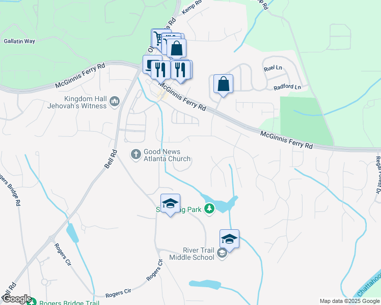 map of restaurants, bars, coffee shops, grocery stores, and more near 7852 Amawalk Circle in Duluth