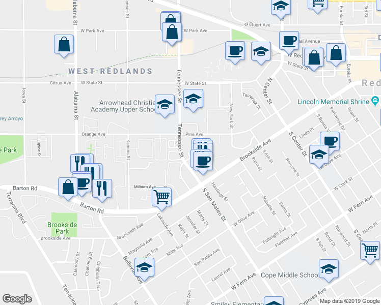 map of restaurants, bars, coffee shops, grocery stores, and more near 16 San Mateo in Redlands