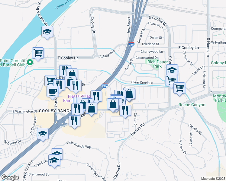 map of restaurants, bars, coffee shops, grocery stores, and more near 1699 East Washington Street in Colton