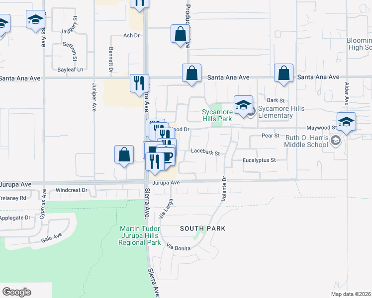 map of restaurants, bars, coffee shops, grocery stores, and more near 17060 Red Cedar Court in Fontana