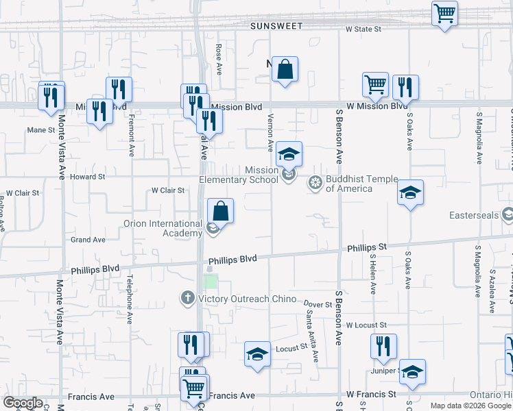 map of restaurants, bars, coffee shops, grocery stores, and more near 11244 Vernon Avenue in Ontario