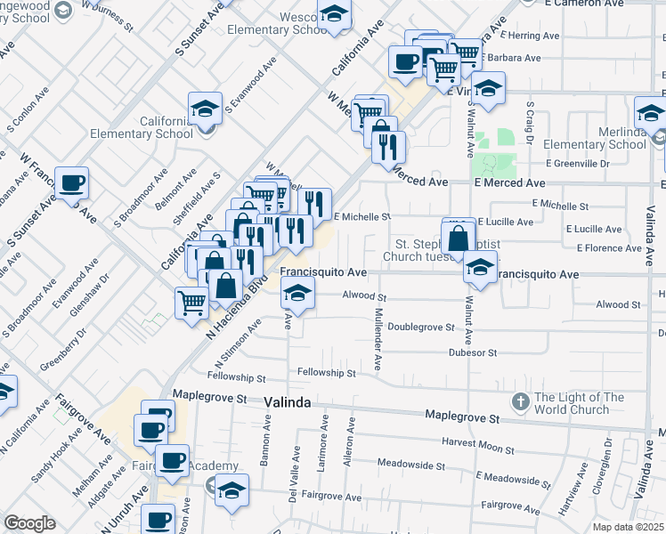 map of restaurants, bars, coffee shops, grocery stores, and more near 15773 Alwood Street in La Puente