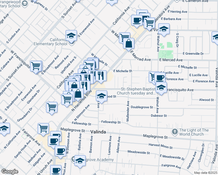 map of restaurants, bars, coffee shops, grocery stores, and more near 15729 Alwood Street in La Puente