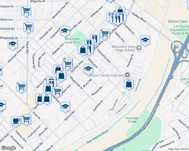 map of restaurants, bars, coffee shops, grocery stores, and more near 12427 Felipe Street in El Monte