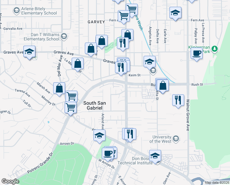 map of restaurants, bars, coffee shops, grocery stores, and more near 8162 Lake Knoll Drive in Rosemead