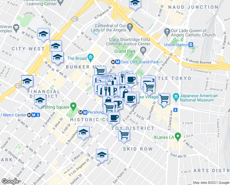 map of restaurants, bars, coffee shops, grocery stores, and more near in Los Angeles
