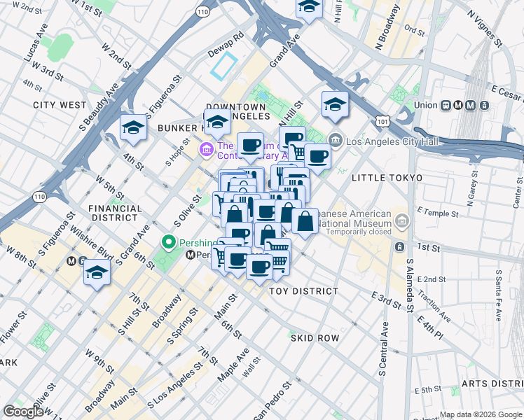 map of restaurants, bars, coffee shops, grocery stores, and more near 121 West 3rd Street in Los Angeles