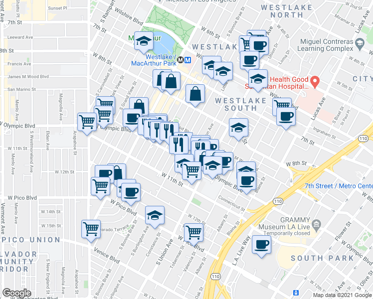 map of restaurants, bars, coffee shops, grocery stores, and more near 1730 West Olympic Boulevard in Los Angeles