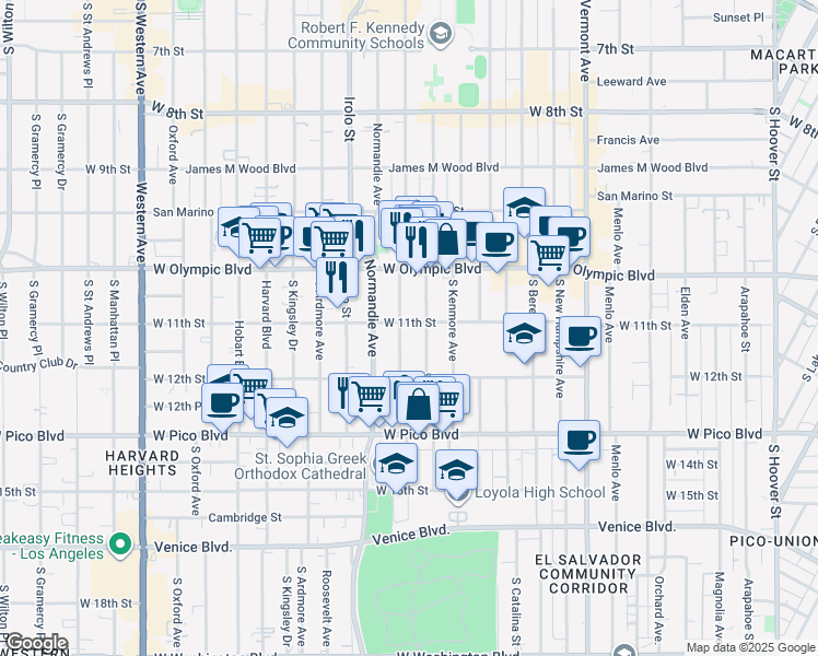 map of restaurants, bars, coffee shops, grocery stores, and more near 1129 South Mariposa Avenue in Los Angeles