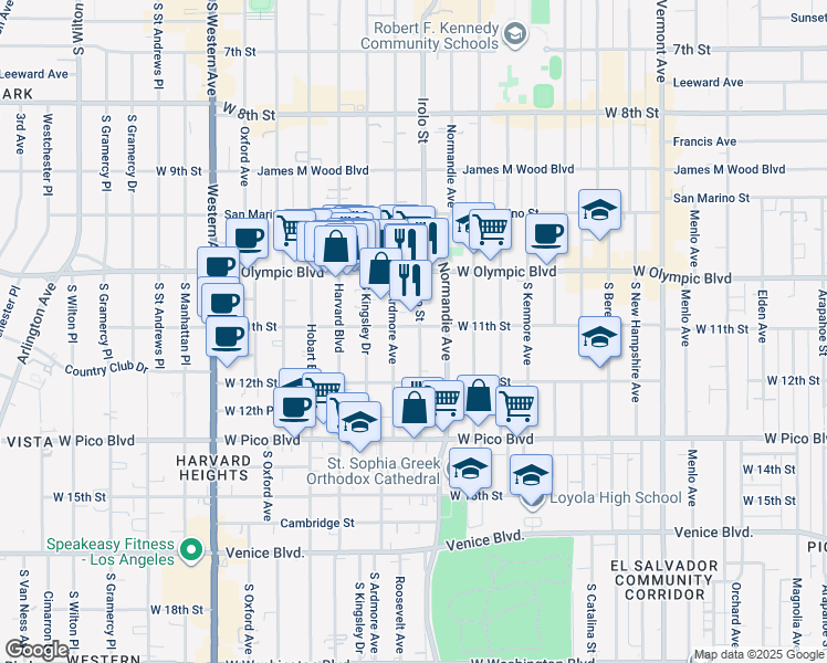 map of restaurants, bars, coffee shops, grocery stores, and more near 1128 South Ardmore Avenue in Los Angeles