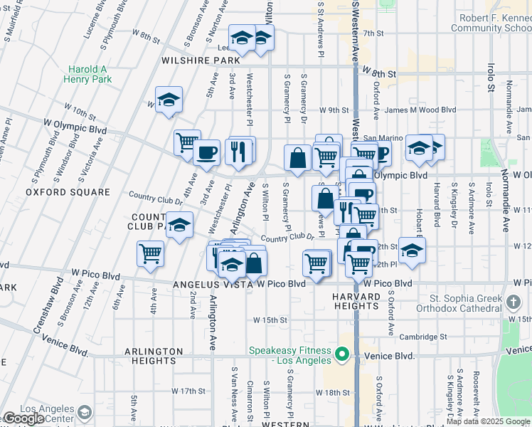 map of restaurants, bars, coffee shops, grocery stores, and more near 1130 South Wilton Place in Los Angeles